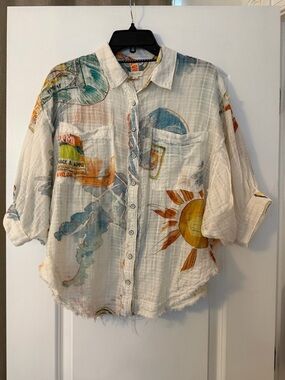 Pilcro White Gauze Button-Up with Orange and Teal Motif